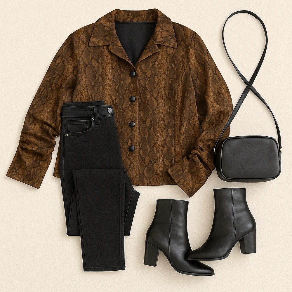 ForWear New York XL Brown Snakeskin Print Button Front Jacket‎ Retro Y2K Blazer